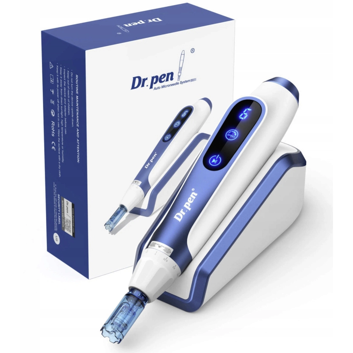Blue and white Dr. Pen A11 on its pause base beside the original product box