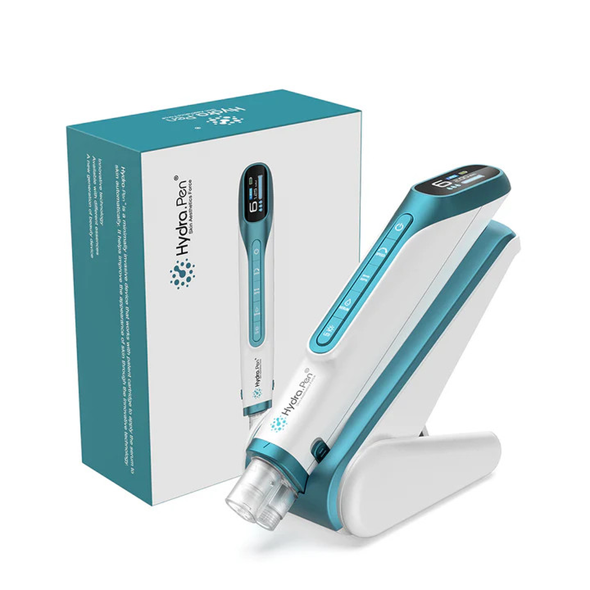 Metallic Teal Hydra Pen H6 on its stand beside the matching product box