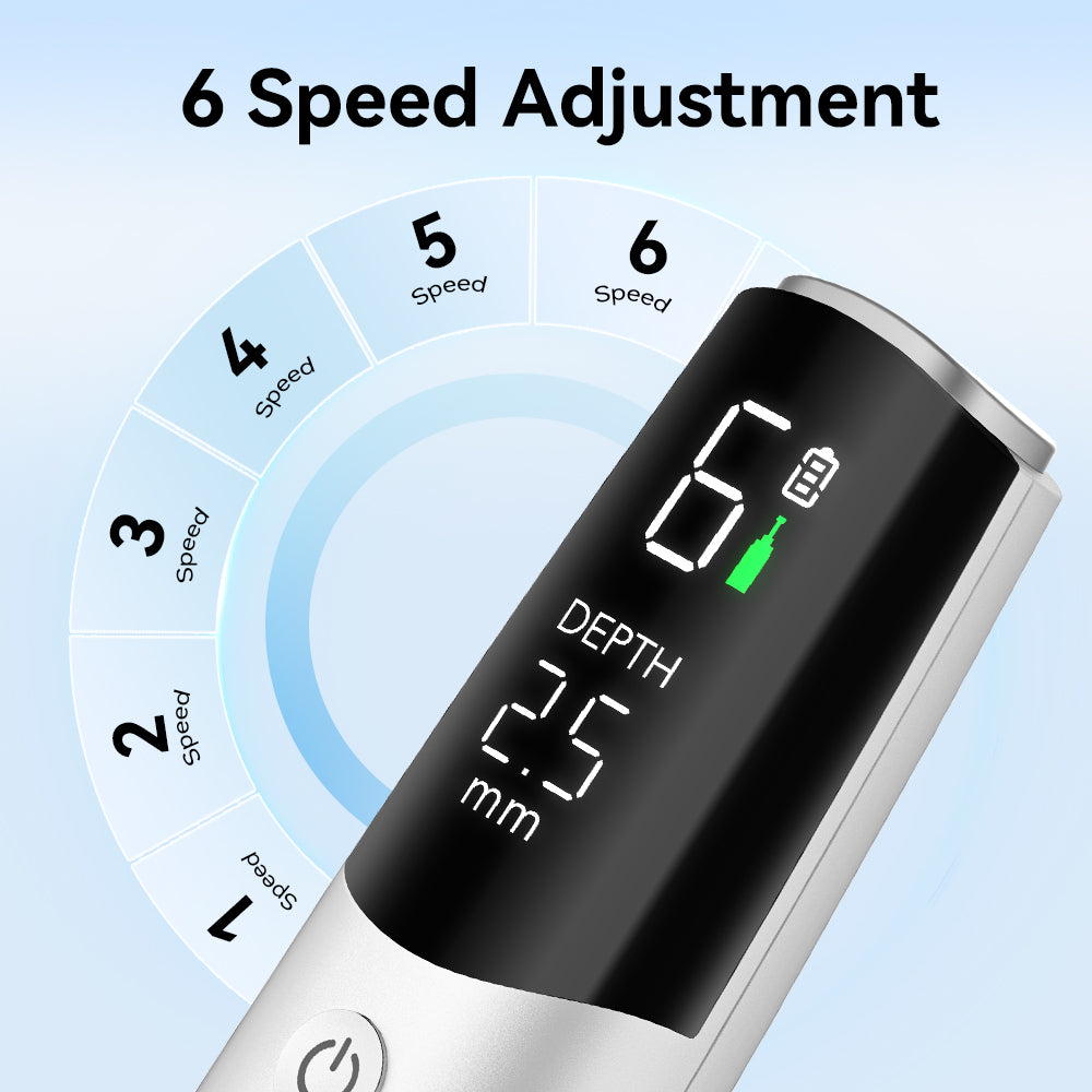 Dr. Pen M9 display and power button with the six speed levels illustrated