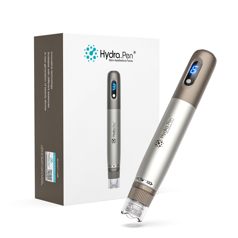Hydra Pen H3 silver and bronze handpiece beside its original product box