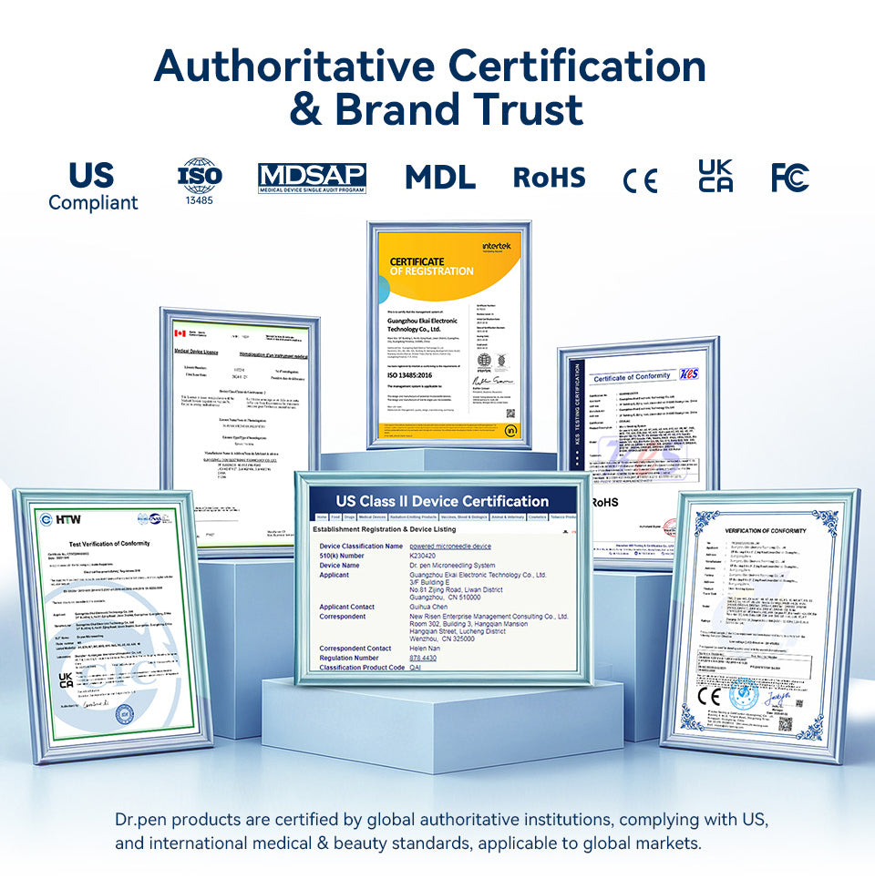 Supplier-provided collage of certificates and conformity marks displayed in the Hydra Pen H5 gallery