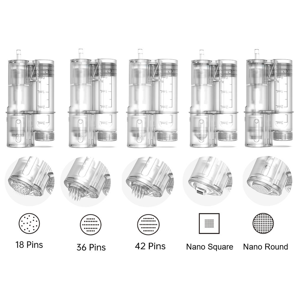 Five Hydra Pen H6 replacement cartridge types with reservoir assemblies and contact-tip diagrams