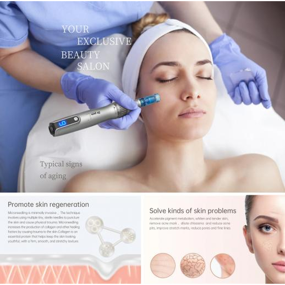 Dr. Pen M8s supplier illustration combining a facial-use demonstration and skin diagrams
