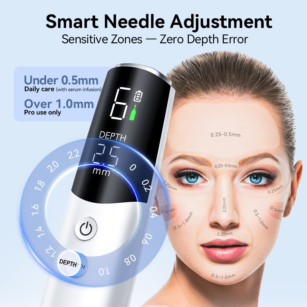 Dr. Pen M9 depth-control display beside the supplier's facial depth-setting illustration